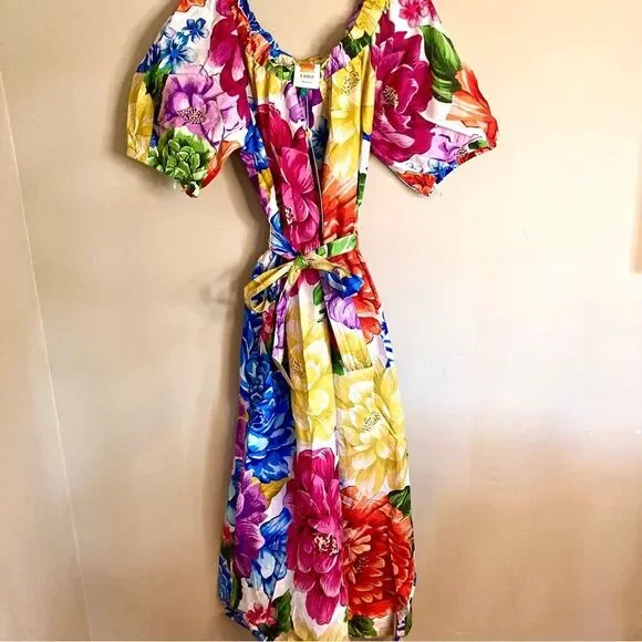 NEW FARM Rio Rainbow Chita Off Shoulder Maxi Dress Puff Sleeve Pink Floral L/XL - Picture 6 of 16